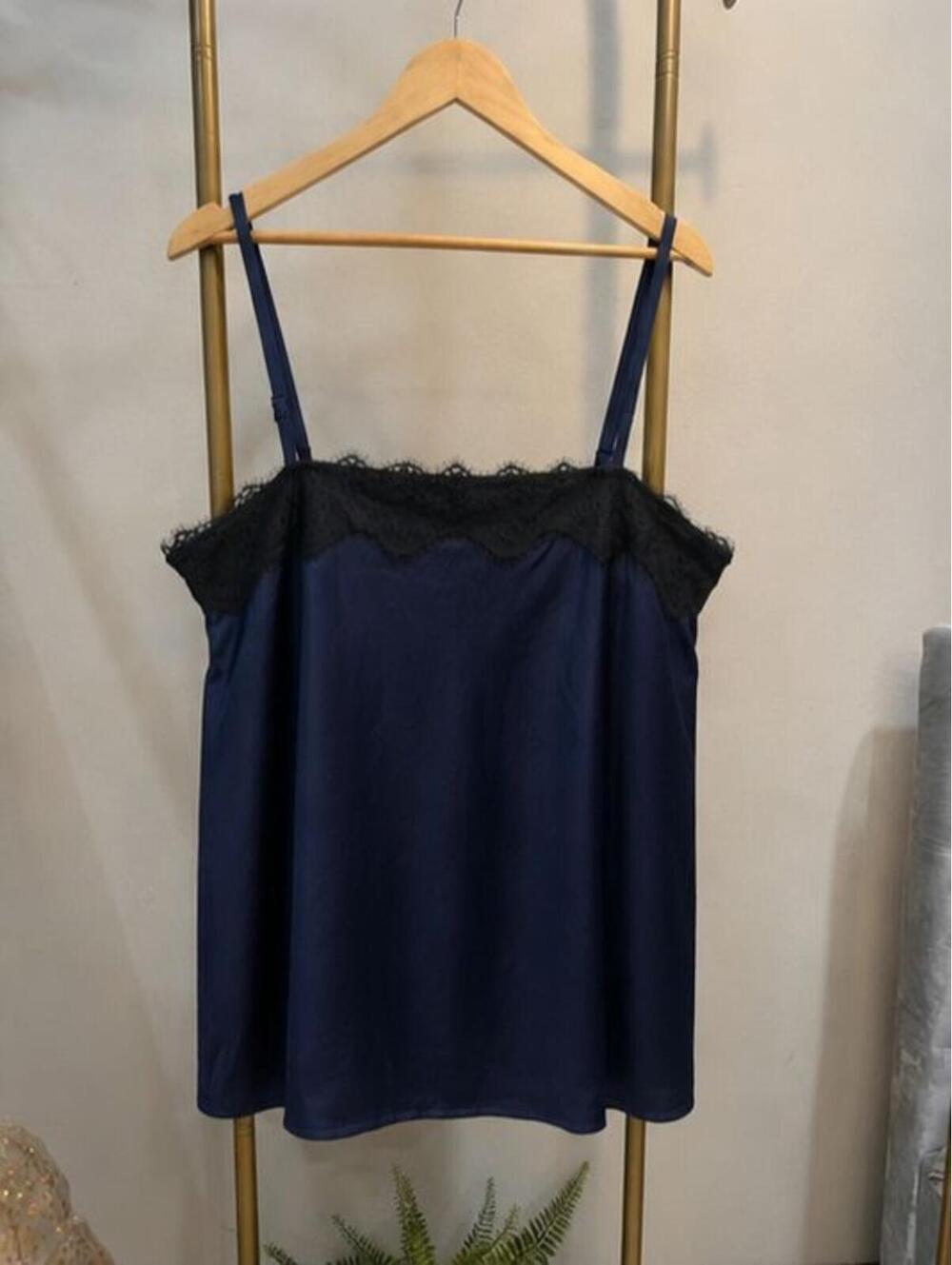 XXL Brand New sexy top Women’s A New Day Navy Satin Camisole Black Lace Trim